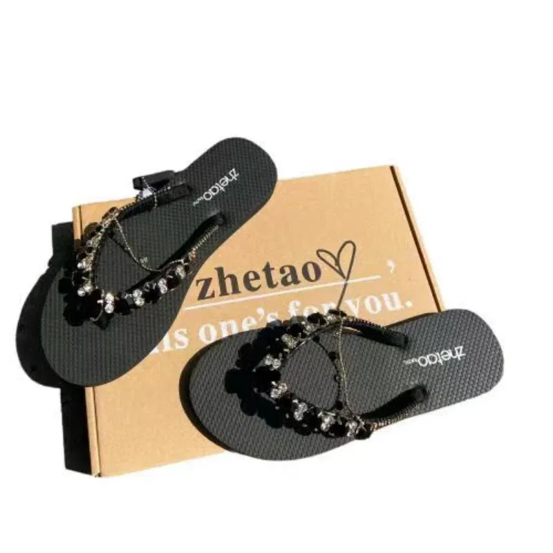Color: WHITE, Shoe Size: 36 - Outdoor Leisure Flip Flops Women 2024 Summer Fashion Lady Beach Shoes Luxurious Rhinestone Embellished Women's Flat Slippers