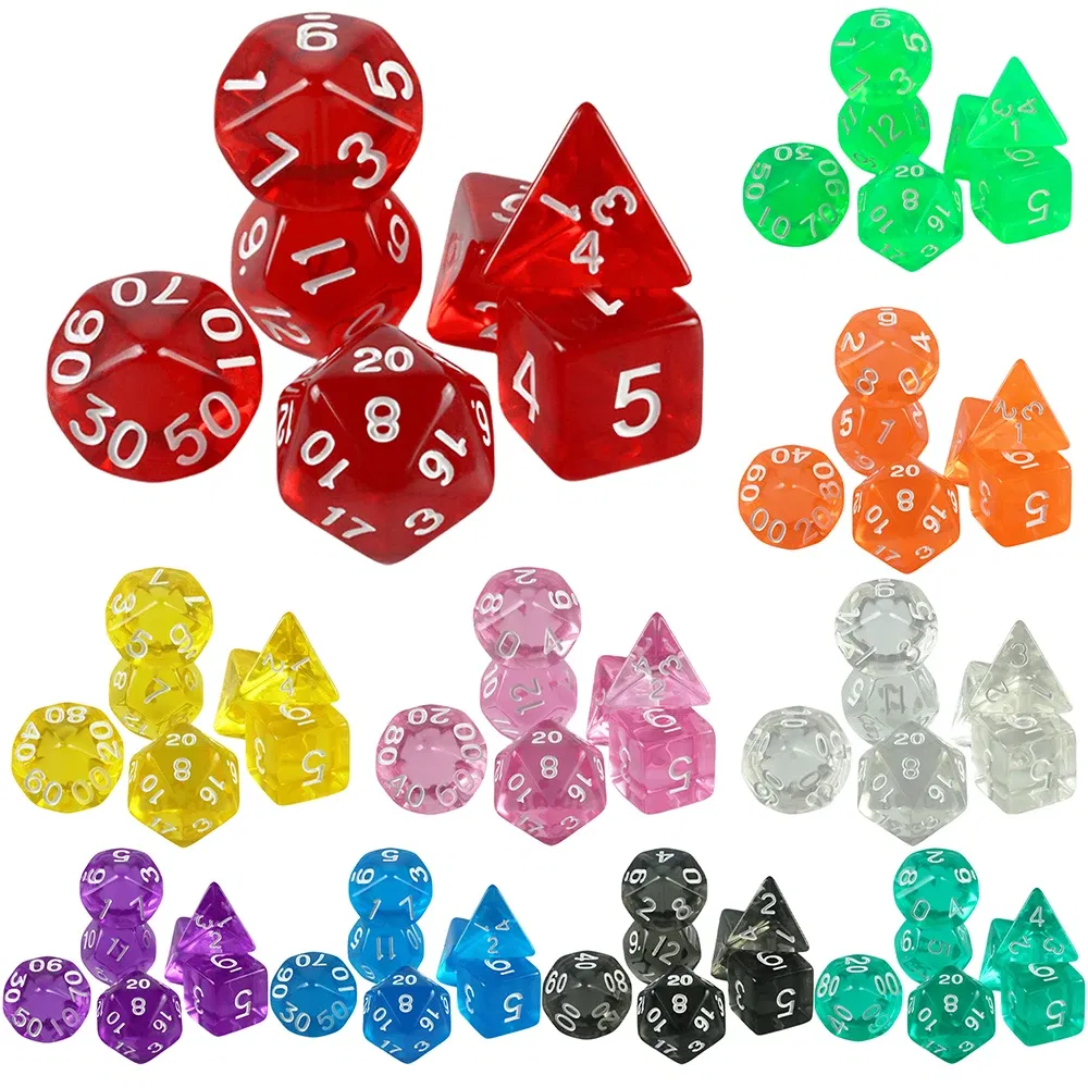 Color: Orange - High Quality 7 Pcs/set Transparent Crystal Digital Polyhedral Dice Sets D4-D20 , for DNDGame Dados Rpg Board Game