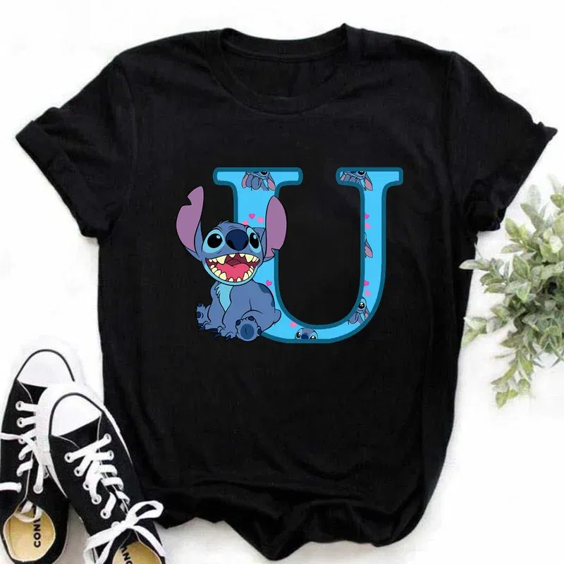 Color: Fuchsia, Size: L - Disney Lilo&Stitch A-Z Alphabet Summer Women's Printed T-Shirt Women's Casual Tops T-Shirt Fashion Cartoon Plus Size T-Shirt