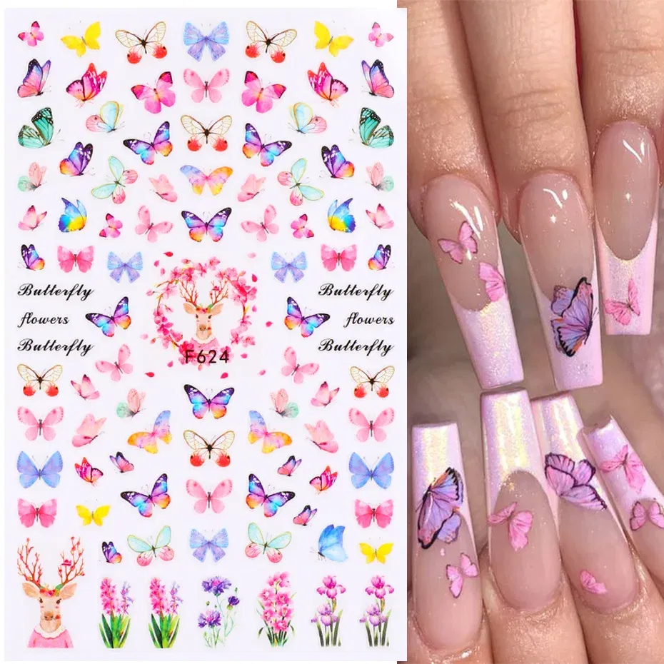Color: Blue - 3D Blue Butterfly Adhesive Stickers Nail Art Decoration Laser Flowers Leaves Nail Sticker Nail Art Supplies Nail Parts
