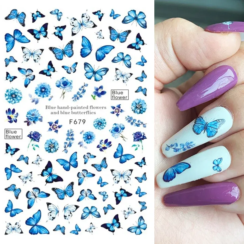 Color: Blue - 3D Blue Butterfly Adhesive Stickers Nail Art Decoration Laser Flowers Leaves Nail Sticker Nail Art Supplies Nail Parts