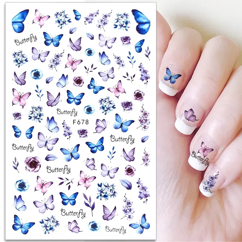 Color: Blue - 3D Blue Butterfly Adhesive Stickers Nail Art Decoration Laser Flowers Leaves Nail Sticker Nail Art Supplies Nail Parts