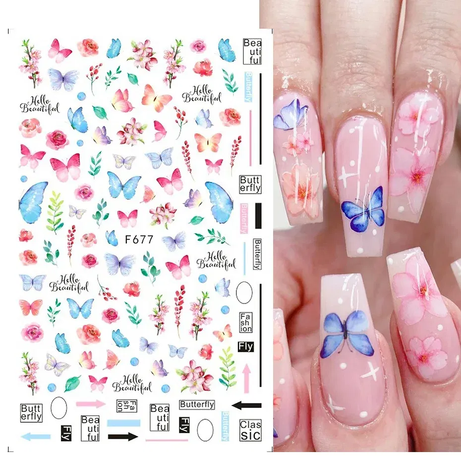 Color: Blue - 3D Blue Butterfly Adhesive Stickers Nail Art Decoration Laser Flowers Leaves Nail Sticker Nail Art Supplies Nail Parts