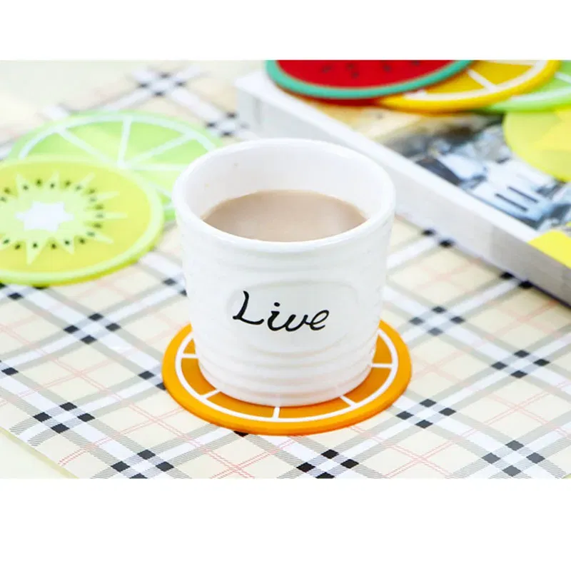 Color: Orange, Shape Style: Round - Silicone Coaster Mini Round Fruit Pattern Drink Coaster Hot Drink Holder Hot Coffee Tray Desktop Insulation Pad Cute Creative