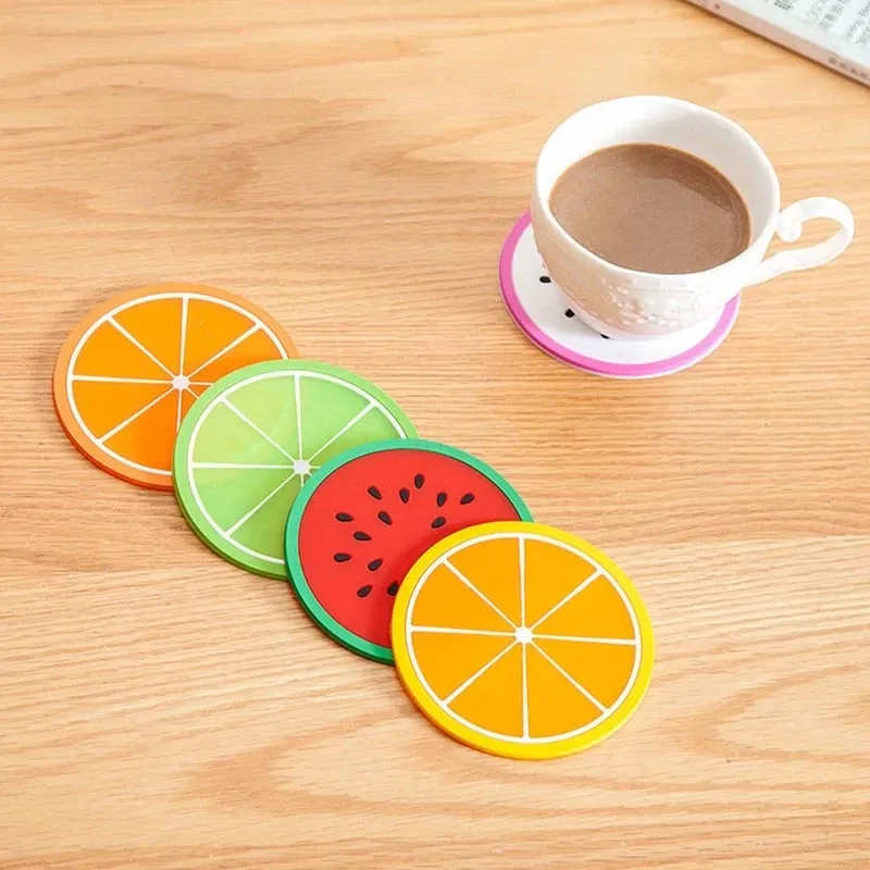 Color: Orange, Shape Style: Round - Silicone Coaster Mini Round Fruit Pattern Drink Coaster Hot Drink Holder Hot Coffee Tray Desktop Insulation Pad Cute Creative