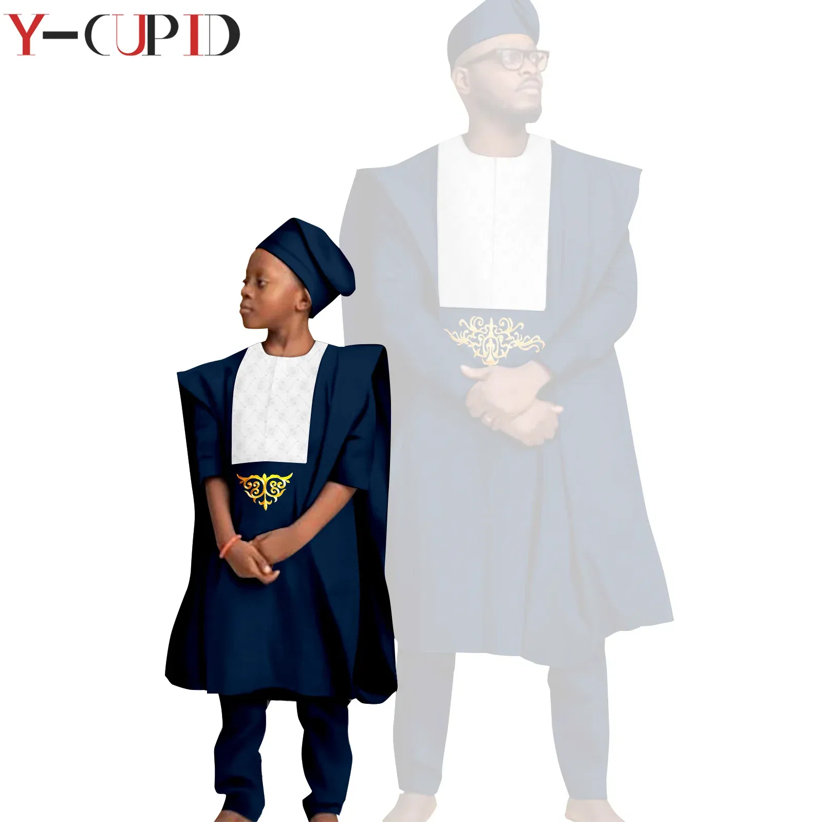 Color: army green, Size: L - African Clothes for Men Top Pants Robes Hat Sets Match Kid Boy Sets Dashiki Father and Son Bazin Riche Family Outfits Y20F001