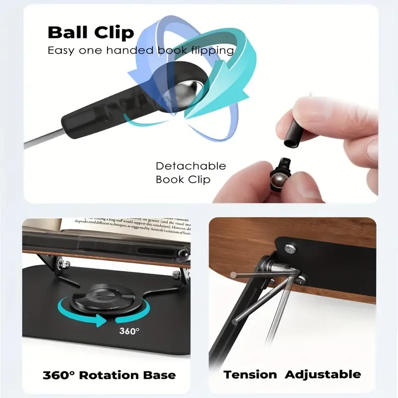 Adjustable Book Stand: 360 Rotating Base, Height & Angle Adjustable, Foldable & Portable