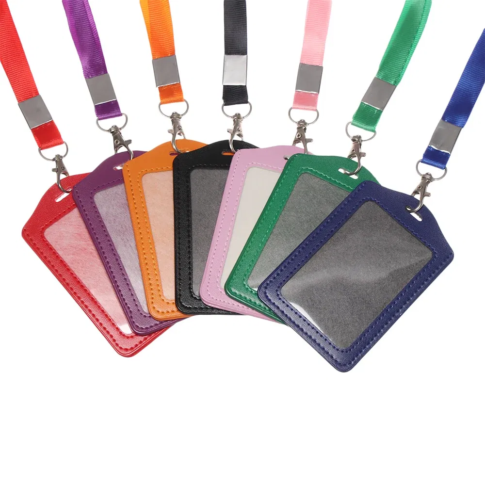 Color: green - Unisex Work Card Holders With Lanyard PU Bank Card Name Credit Card Holders Card Bus ID Holders Identity Badge With Neck Strap