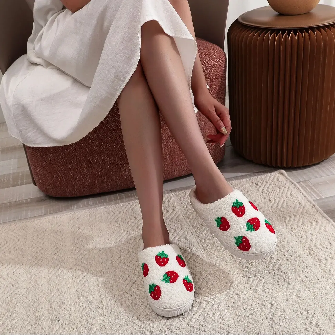 Color: WHITE, Shoe Size: 38 - Winter home furnishings small fresh seven strawberry cotton slippers non-slip thick bottom wear-resistant cotton slippers
