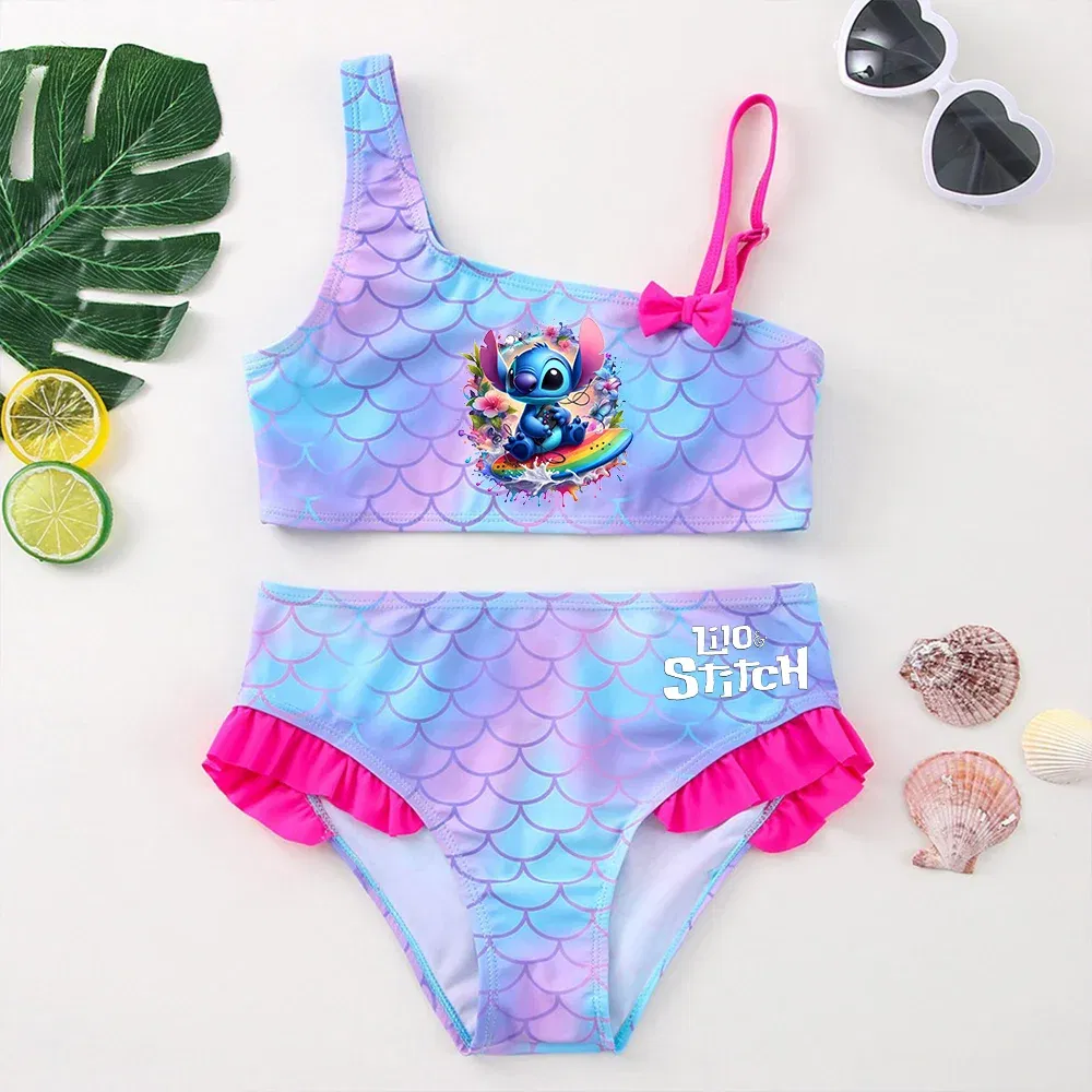 Color: MULTI, Size: L - Lilo Stitch Girls Swimsuit One-Piece Bathing Suits Children's Dresses Summer Swimwear Beach Suit Kids Wear Fashion Mermaid Fish