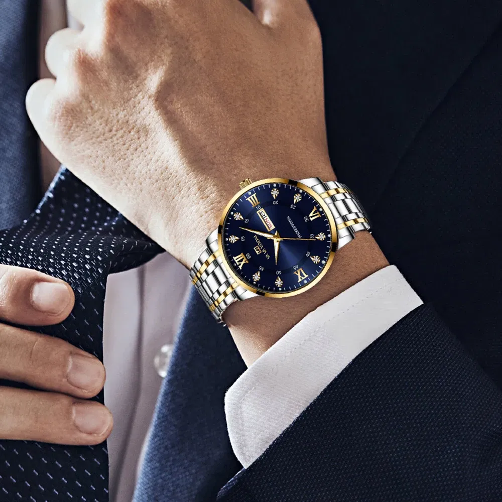 Color: Pink - Top Brand Men Watch Stainless Steel Top Quailty Luxury Push Button Hidden Clasp Waterproof Luminous Date Week Sport Wrist Watch