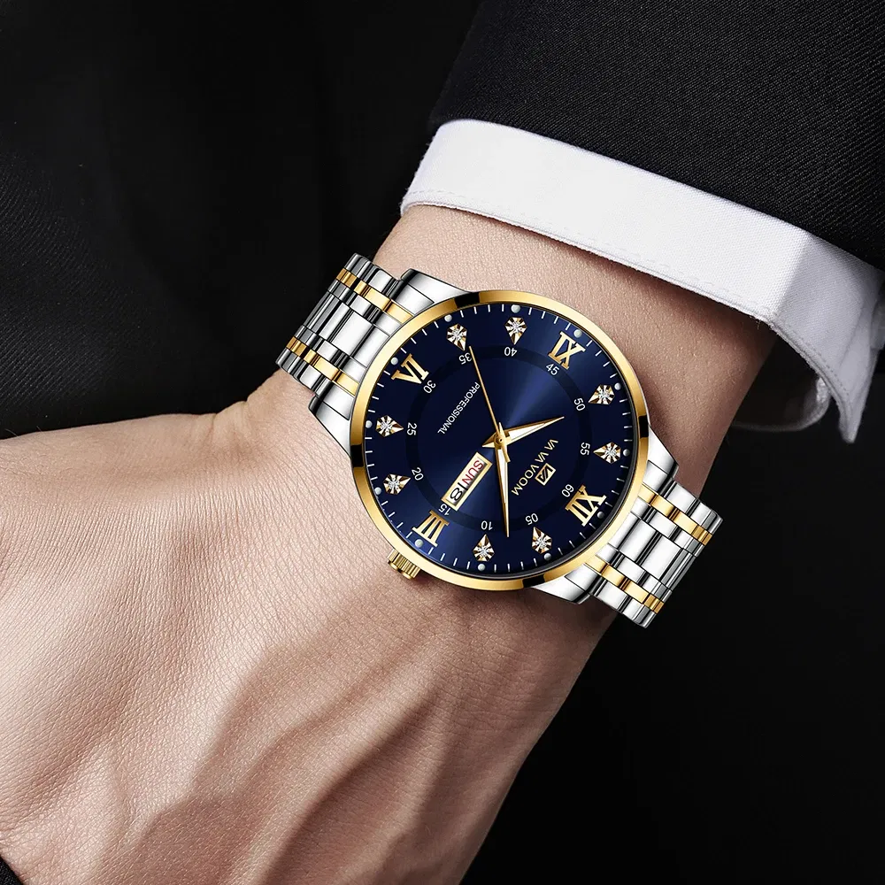 Color: Pink - Top Brand Men Watch Stainless Steel Top Quailty Luxury Push Button Hidden Clasp Waterproof Luminous Date Week Sport Wrist Watch
