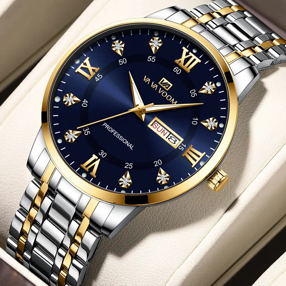 Color: Pink - Top Brand Men Watch Stainless Steel Top Quailty Luxury Push Button Hidden Clasp Waterproof Luminous Date Week Sport Wrist Watch