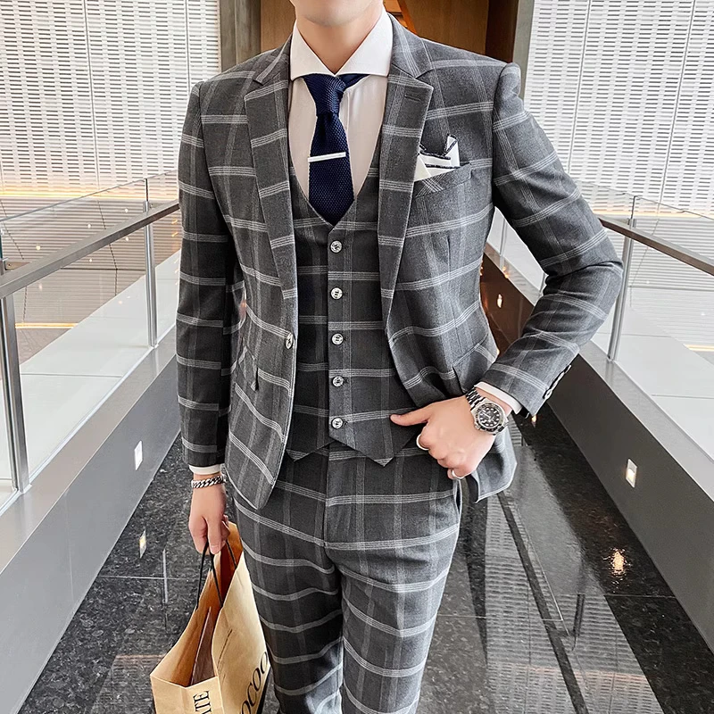 Color: Lavender, Size: S - Gray Men Classic Striped/Checked Suits, Business Office 3 Piece, Asian Size Slim Fit Men Dress Jacket & Pants with Vest, S-4XL
