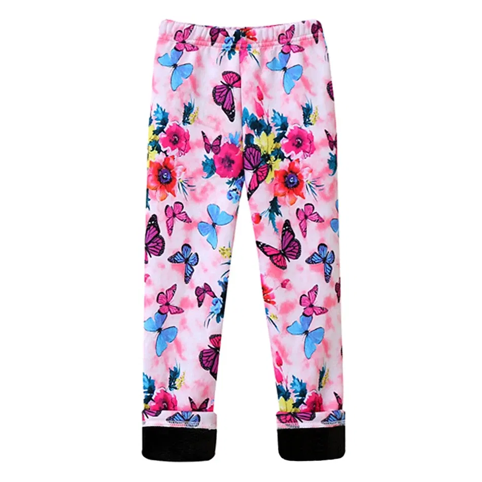 Color: WHITE, Size: 80 - Girls Warm Plush Long Pants for Autumn Spring Cartoon Butterfly Striped Soft Cozy Leggings Fleece-Lined Bottoms Kids Casual Wear