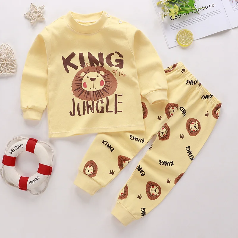 Color: Brown, Kid Size: 2T - Cotton Boys Girls Sleepwear Suits Autumn Spring Newborn Underclothes 2pcs Kids Clothes Set Toddler Kids Pajamas