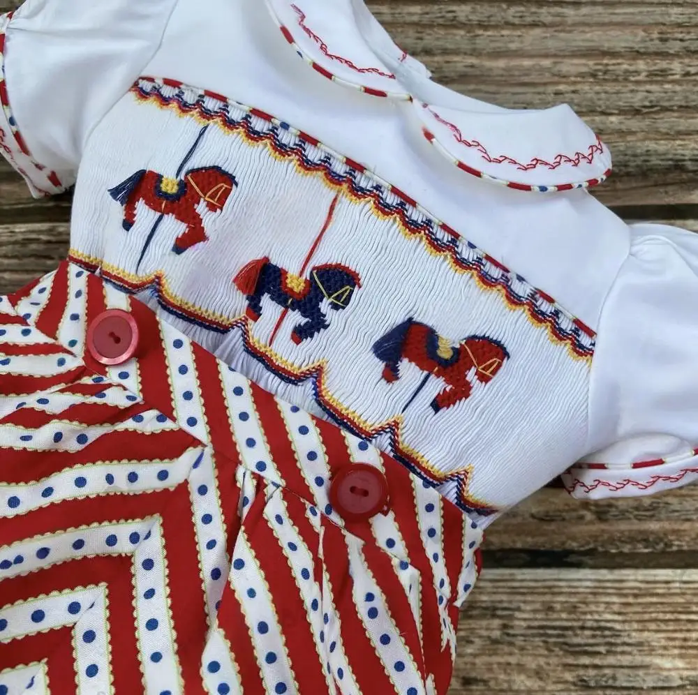 Kid Size: 3M - 0-3Y Boy Summer White Horse Smocked Outfit Suit A11