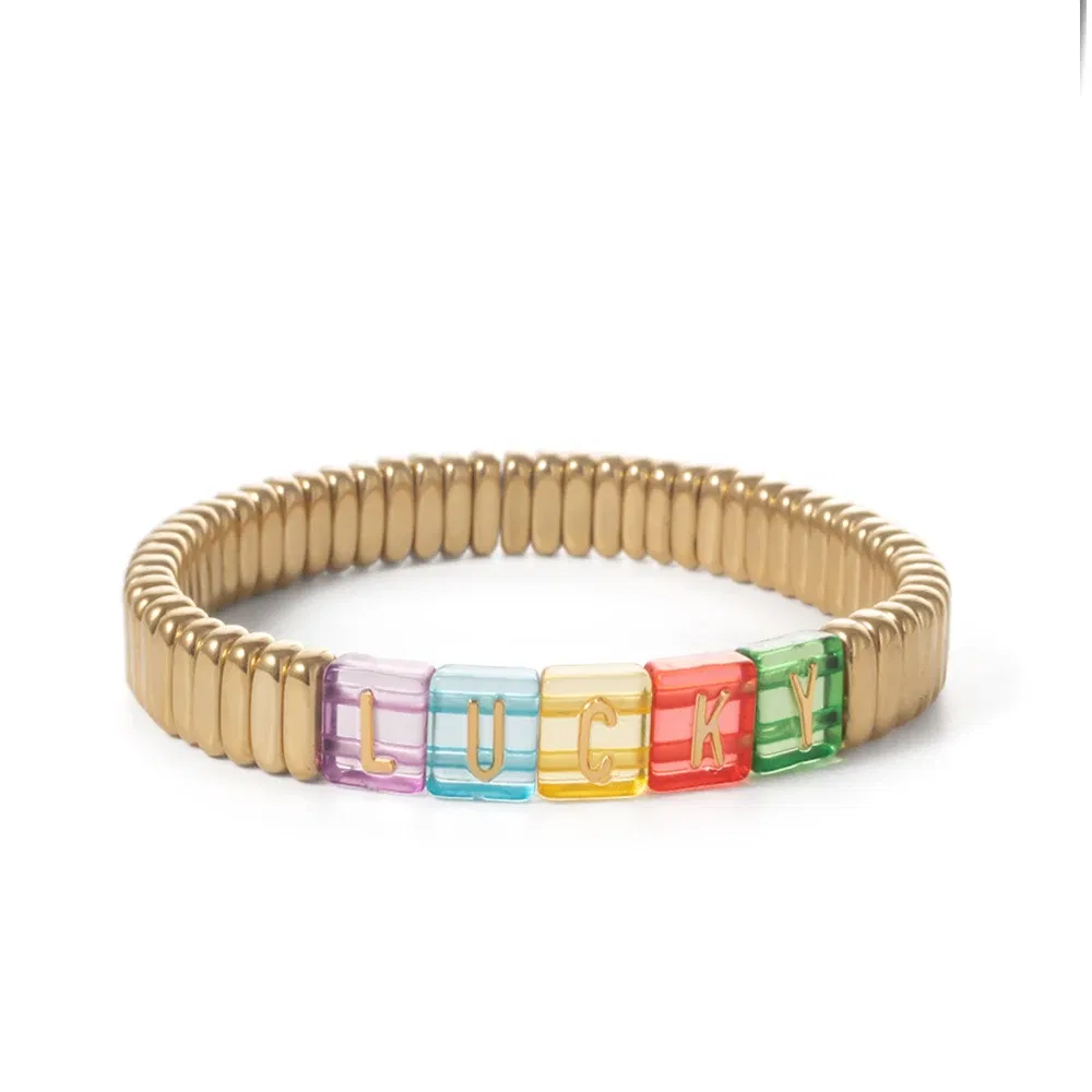 Metal Color: brownish yellow, Ships From: CHINA - Wholesale Gold Silver Color Elastic Bracelets Handmade Letter Charms Bracelets For Women 2X8MM Beads Bracelets Bohemain Jewelry