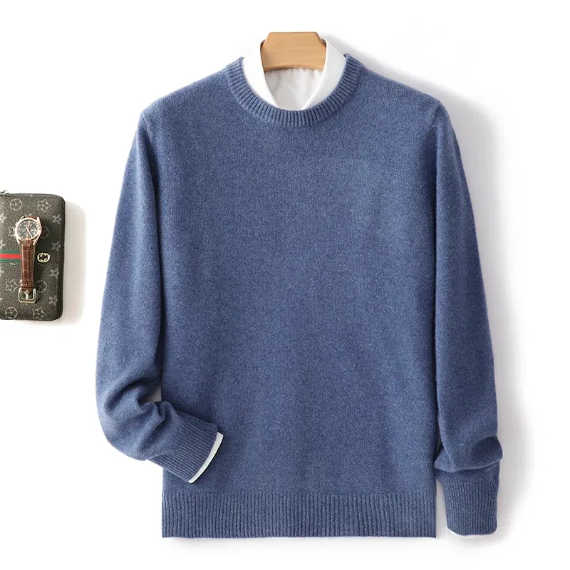 Color: Blue, Size: L, Ships From: CHINA - Men's 100% Pure Wool Cashmere Sweater O-Neck Pullover Knit Sweater Autumn and Winter New Long Sleeve High-End Jumpers Thick Tops