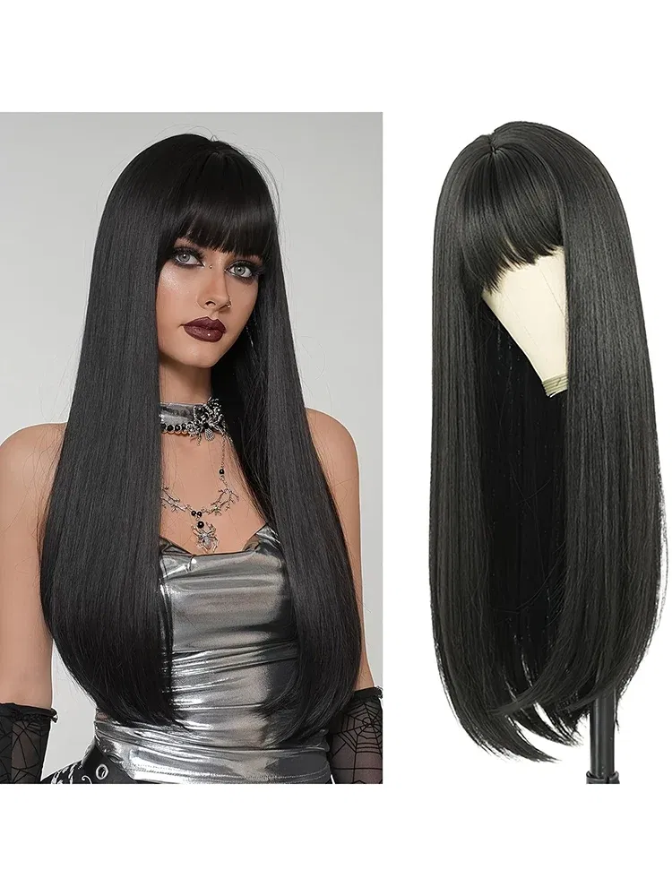 Color: #1B, Stretched Length: 26inches, Bulk Buy: 1pc - 26" Long Straight Synthetic Wig for Women with Bangs - Heat Resistant, Natural Soft Hair