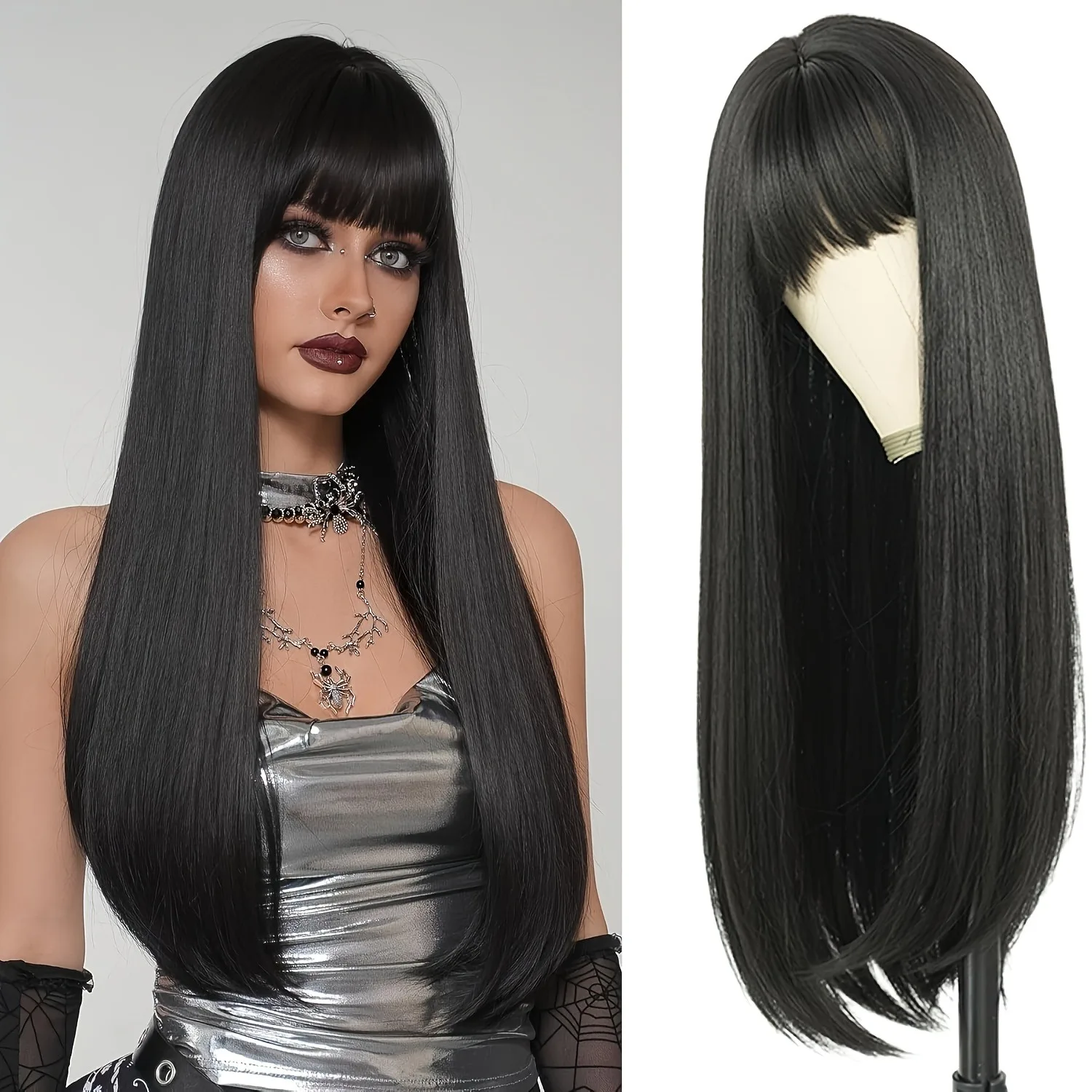 Color: #1B, Stretched Length: 26inches, Bulk Buy: 1pc - 26" Long Straight Synthetic Wig for Women with Bangs - Heat Resistant, Natural Soft Hair
