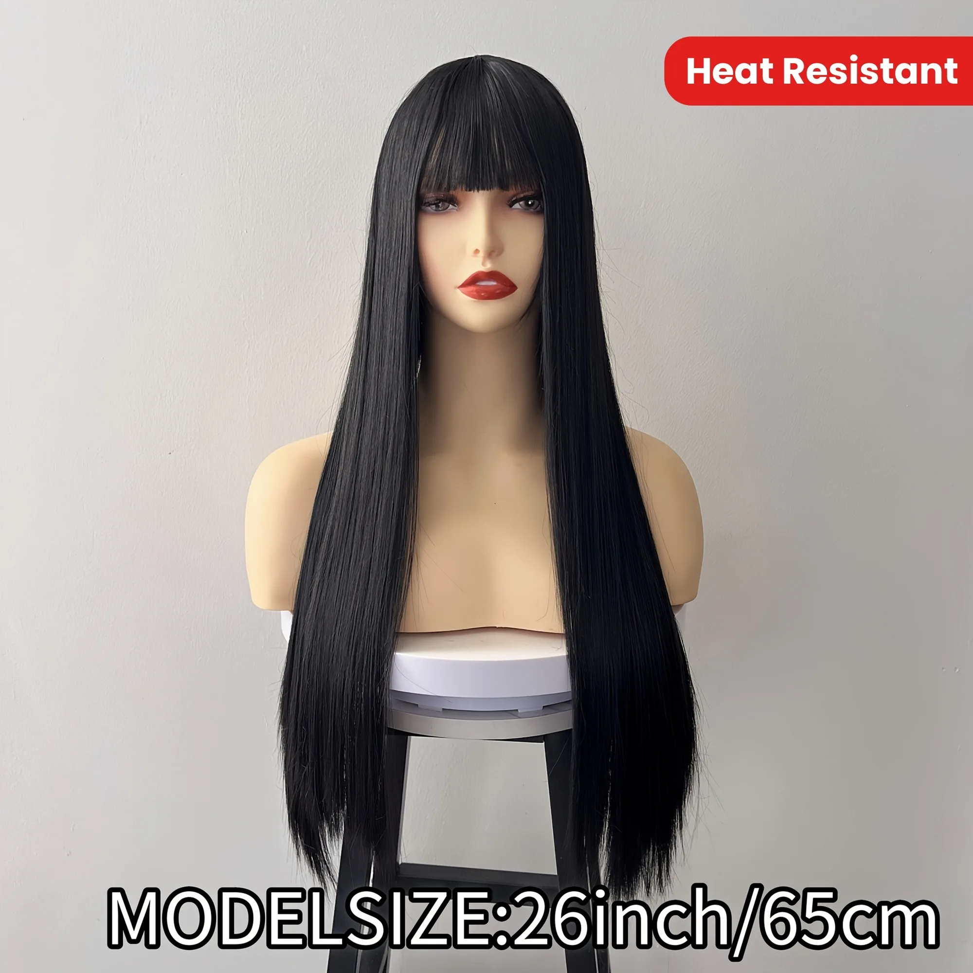 Color: #1B, Stretched Length: 26inches, Bulk Buy: 1pc - 26" Long Straight Synthetic Wig for Women with Bangs - Heat Resistant, Natural Soft Hair
