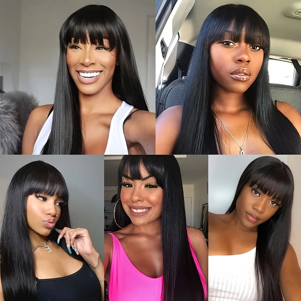 Color: #1B, Stretched Length: 26inches, Bulk Buy: 1pc - 26" Long Straight Synthetic Wig for Women with Bangs - Heat Resistant, Natural Soft Hair