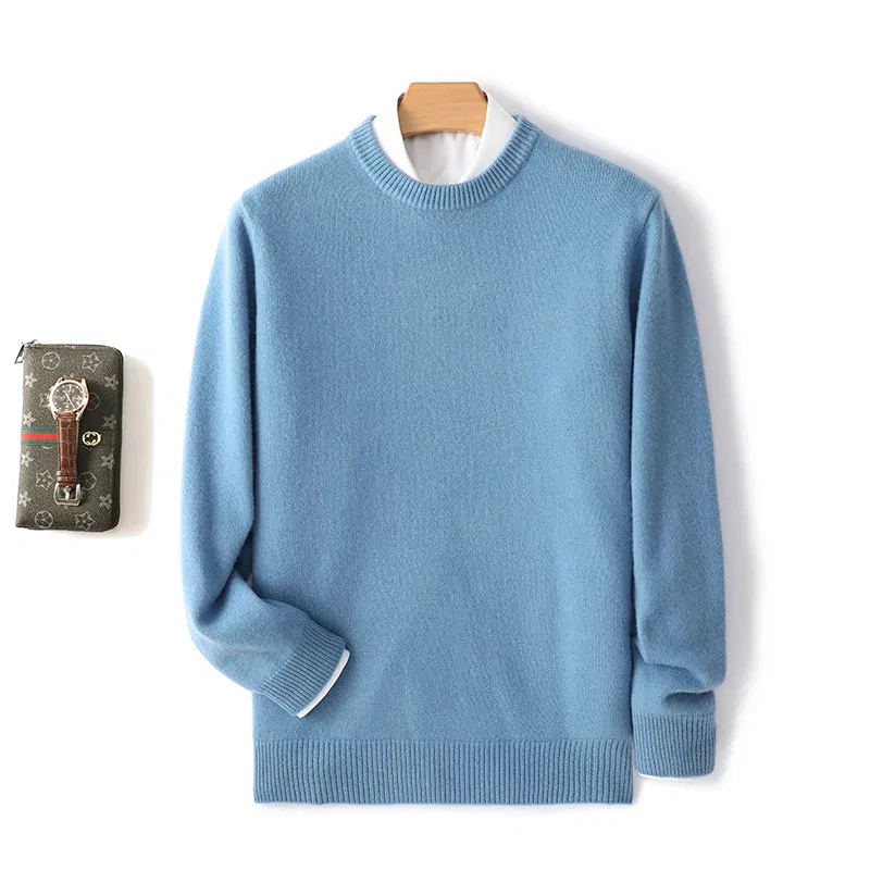 Color: SKY BLUE, Size: XL, Ships From: CHINA - Men's 100% Pure Wool Cashmere Sweater O-Neck Pullover Knit Sweater Autumn and Winter New Long Sleeve High-End Jumpers Thick Tops