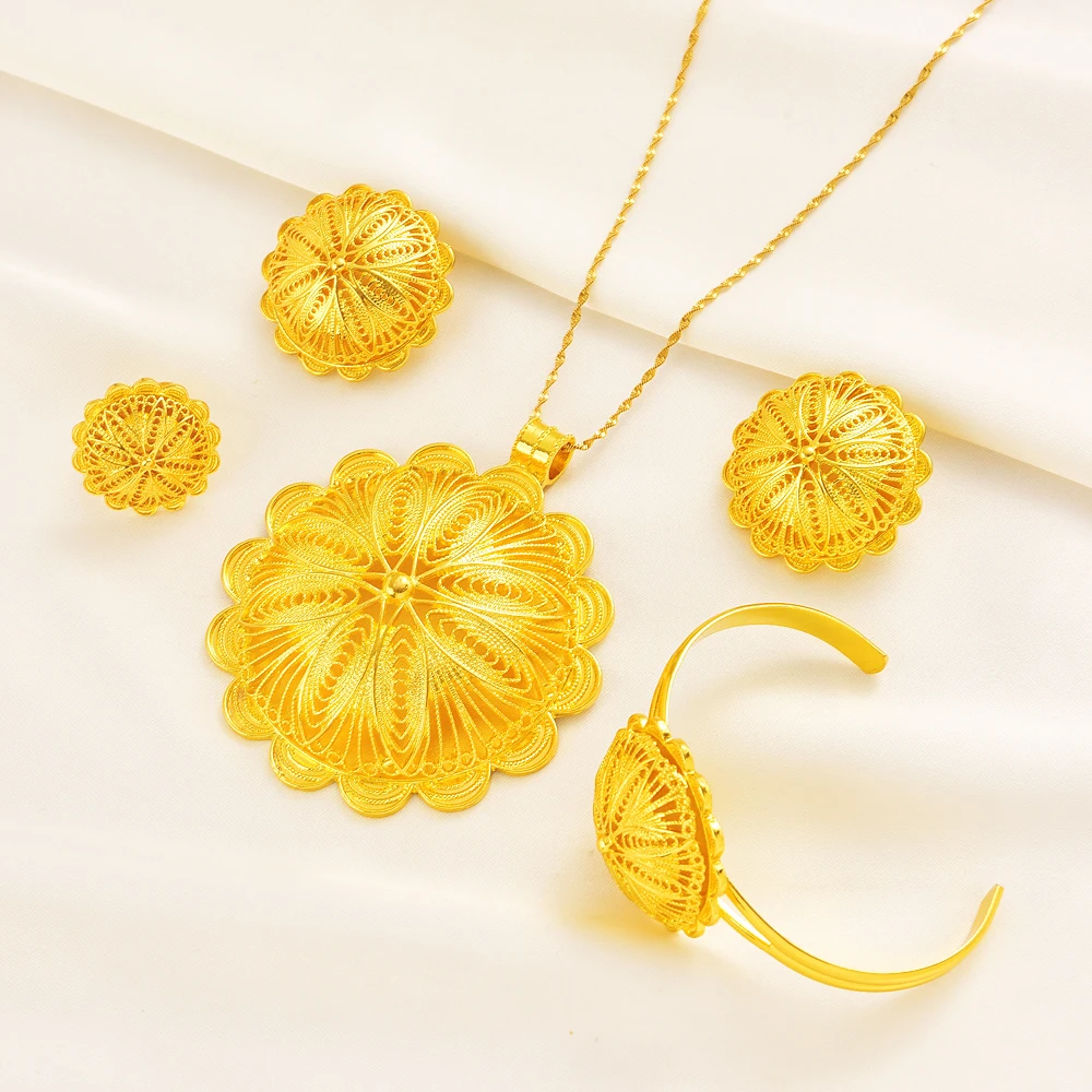 Metal color: Rhodium Plated - 24K Gold Plated Fashion Ethiopian Earrings/Big Pendant/Ring/Bangle Jewelry Sets Gold Plate Africa Bride Wedding Eritrea Set Gift