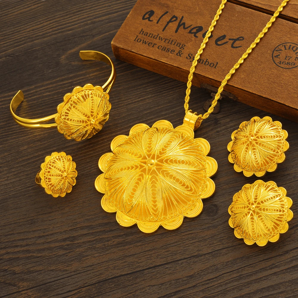 Metal color: Rhodium Plated - 24K Gold Plated Fashion Ethiopian Earrings/Big Pendant/Ring/Bangle Jewelry Sets Gold Plate Africa Bride Wedding Eritrea Set Gift