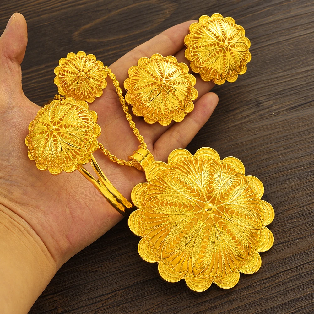 Metal color: Rhodium Plated - 24K Gold Plated Fashion Ethiopian Earrings/Big Pendant/Ring/Bangle Jewelry Sets Gold Plate Africa Bride Wedding Eritrea Set Gift