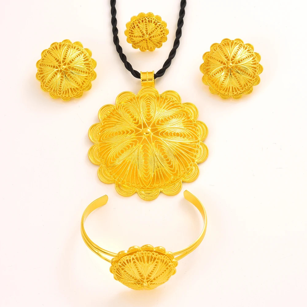 Metal color: Rhodium Plated - 24K Gold Plated Fashion Ethiopian Earrings/Big Pendant/Ring/Bangle Jewelry Sets Gold Plate Africa Bride Wedding Eritrea Set Gift