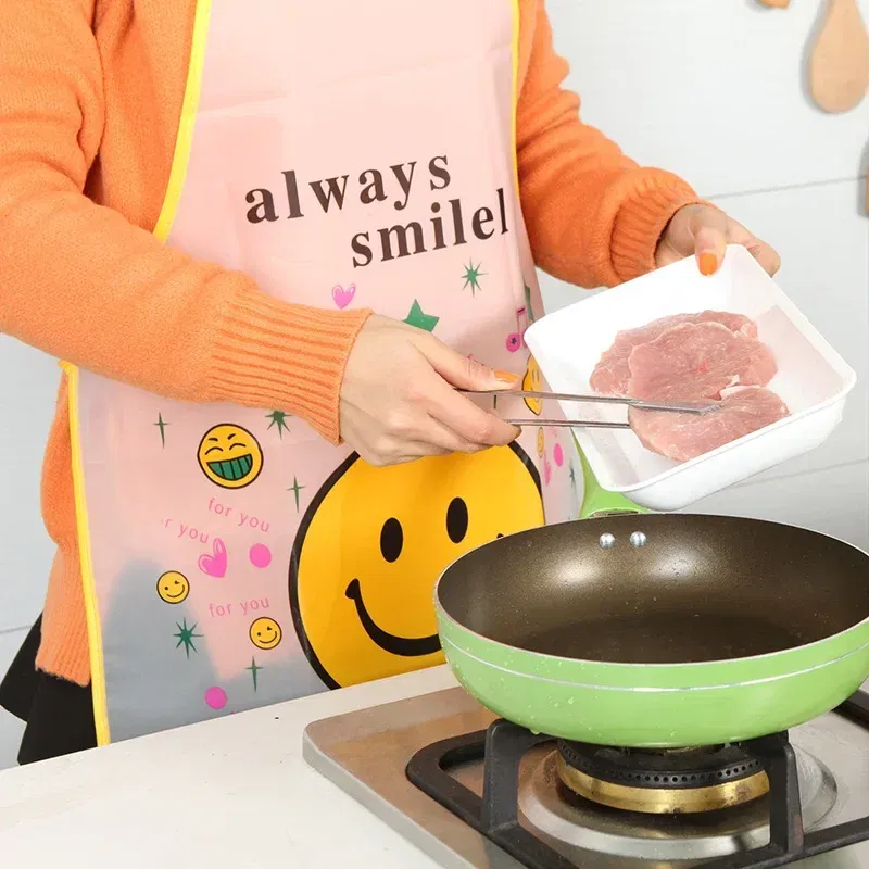 Color: Red - 70x50cm Cute Kitchen Household Adult Antifouling Apron Sleeveless Waterproof PVC Cartoon Printed Women Aprons Cleaning Accessory