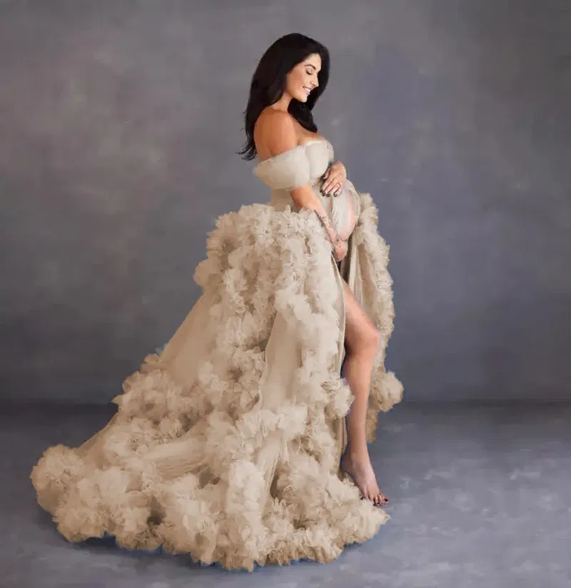 Color: Champagne, Maternity Size: M, Ships From: CHINA - Tulle Long Maternity Dress Photoshoot п?»?°?‚ь?µ photography dresses baby shower dresses for pregnant woman п?»?°?‚ь?µ д?»я ?±?&micr
