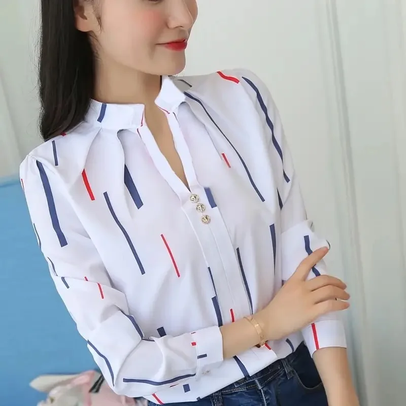 Color: SKY BLUE, Size: L - Women White Tops Blouses Fashion Stripe Print Casual Long Sleeve Office Lady OL Shirts Slim Blusas DF4970