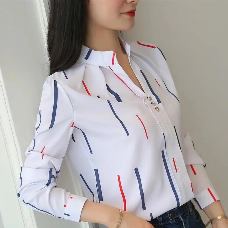 Color: SKY BLUE, Size: L - Women White Tops Blouses Fashion Stripe Print Casual Long Sleeve Office Lady OL Shirts Slim Blusas DF4970
