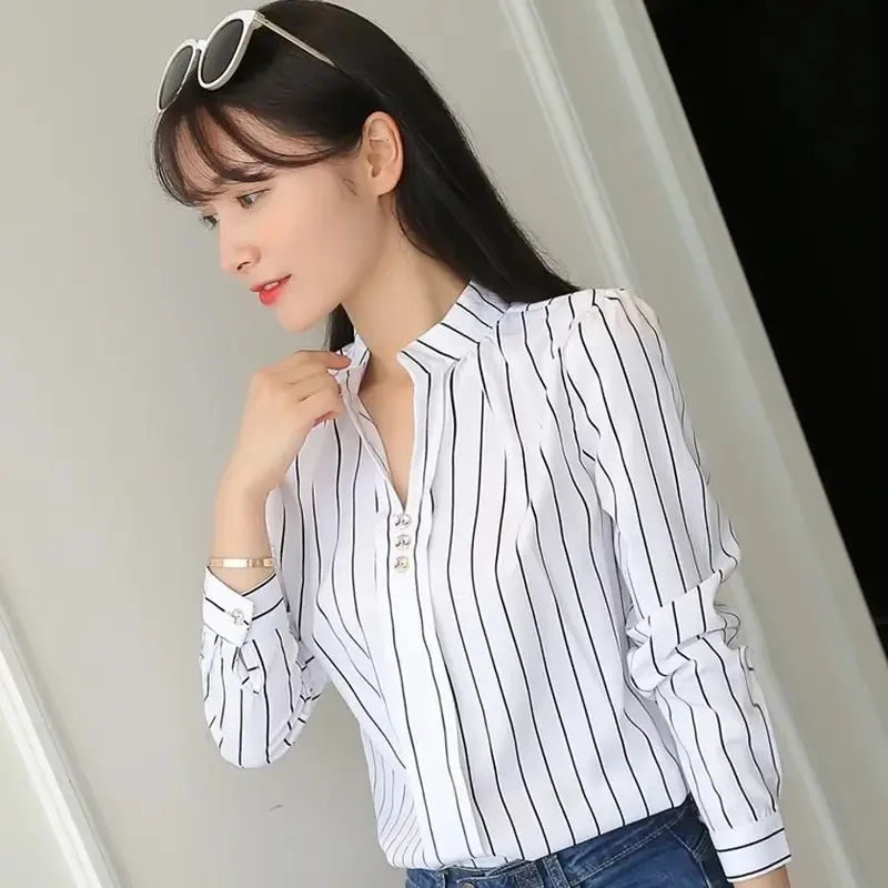 Color: SKY BLUE, Size: L - Women White Tops Blouses Fashion Stripe Print Casual Long Sleeve Office Lady OL Shirts Slim Blusas DF4970