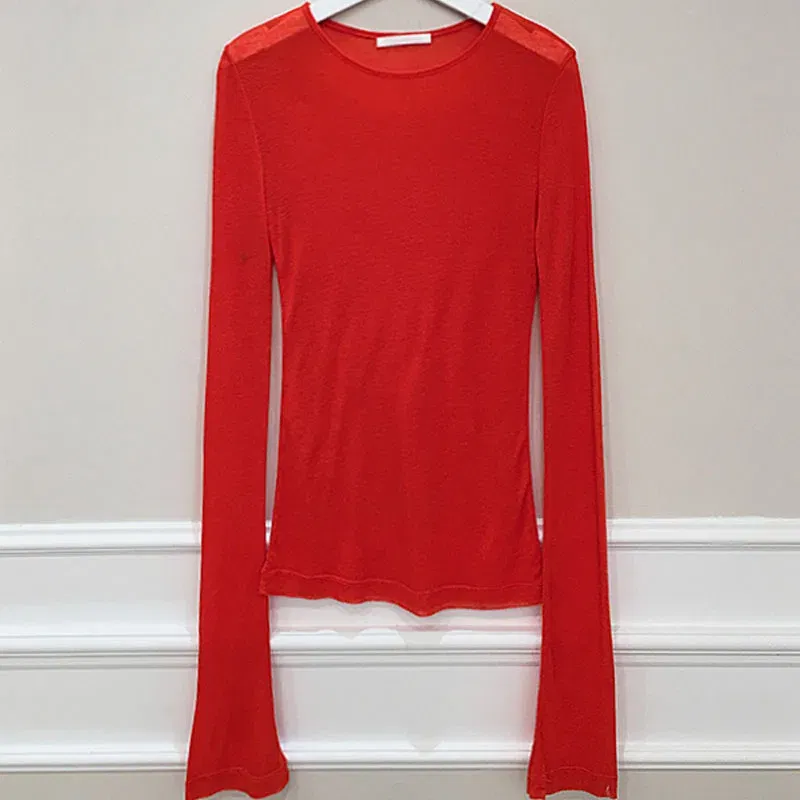 Color: Red, Size: One Size - Shintimes Sexy Shirt Women T-Shirt Long Sleeve Korean Style Slim Basic Elasticity Tshirt Top Womens Clothing T Shirt Femme