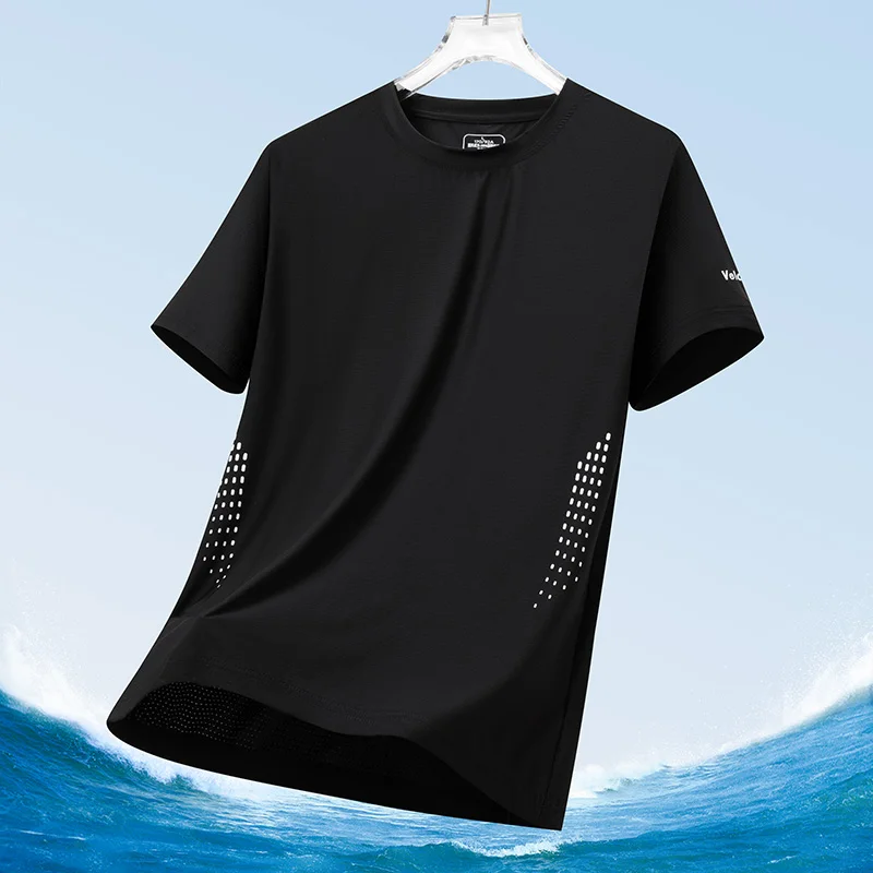 Color: Navy Blue, Size: 5XL - Men's Silk Ice Round Collar T-shirt, Simple Running Fitness Suit, Breathable Thin T-shirt, Quick Dry T-shirt, Summer