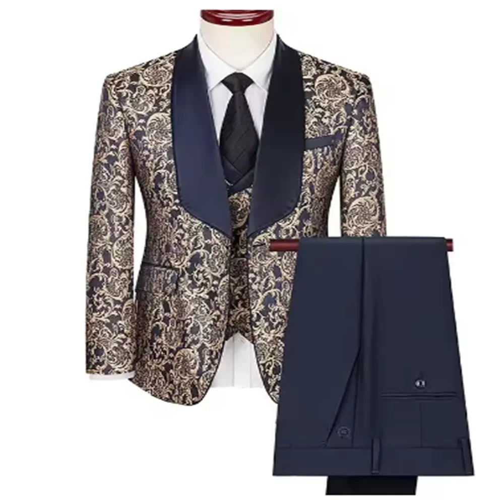 Color: Khaki, Size: XXXL - Green Men's Suit 3-Piece, Wedding Party Dress Jacket with Vest & Trousers, Asian Size Slim Men Sets, Beige Black Blue Available