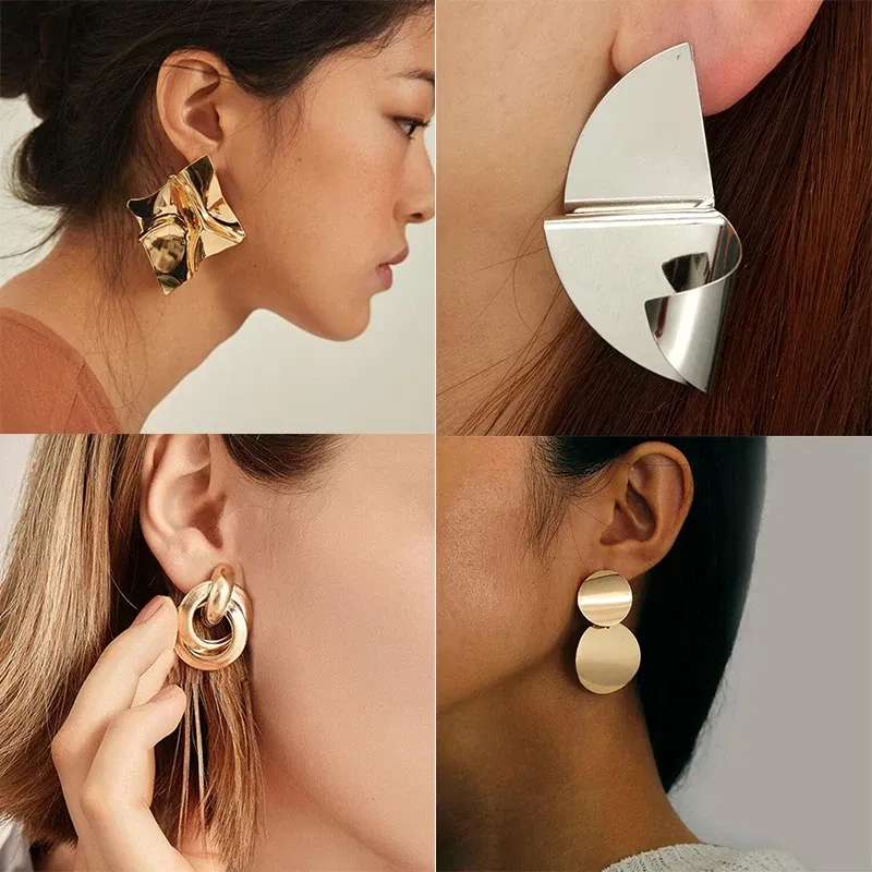 Metal Color: black chrome - Gold Color Metal Drop Earrings Irregular Hollow Heart Pendants Earrings Twisted Geometric Personality Earrings for Women