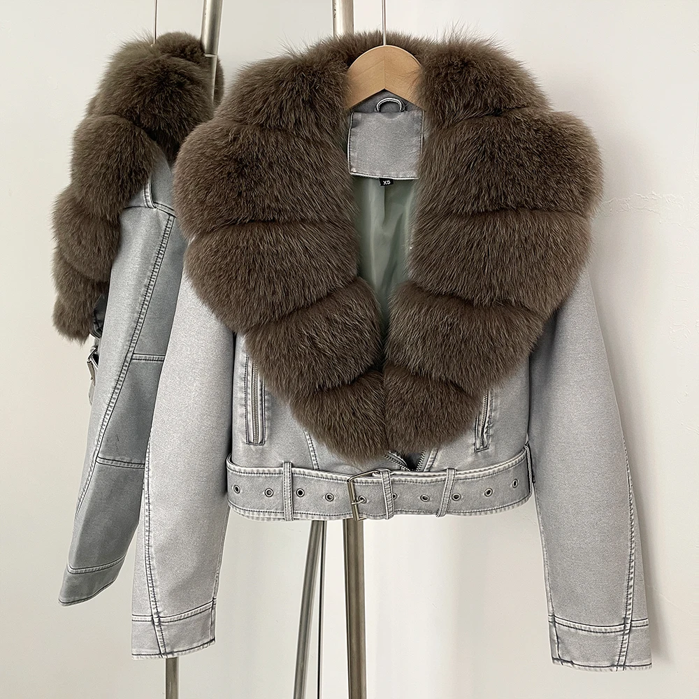 Color: Yellow, Size: M - Fake Leather Coat New Natural Fox Fur Autumn Short Faux Leather Jacket Female Spring PU Women Long Sleeve Real Fur Coat Thin