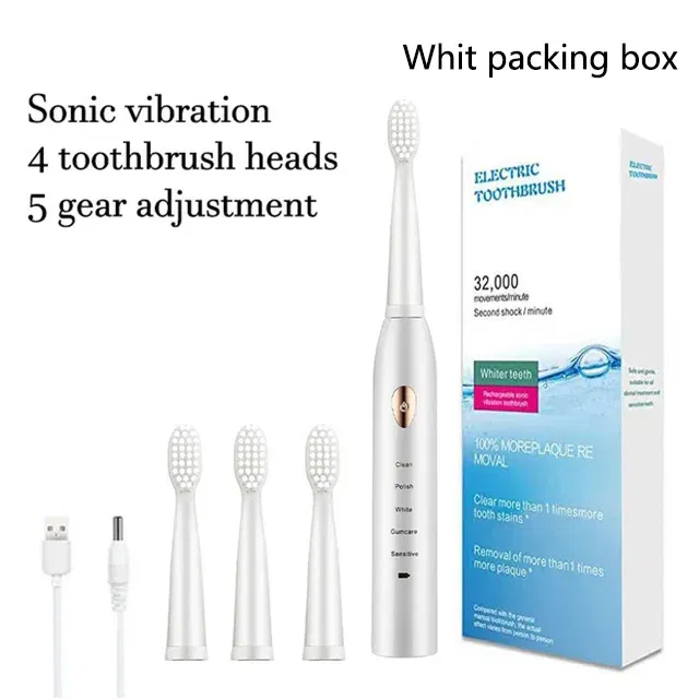 Color: Silver - Electric Toothbrush 5-gear Mode USB Charging 4 colors IPX7 Waterproof Ultrasonic Rechargeable Soft Hair Toothbrush Adult Classic