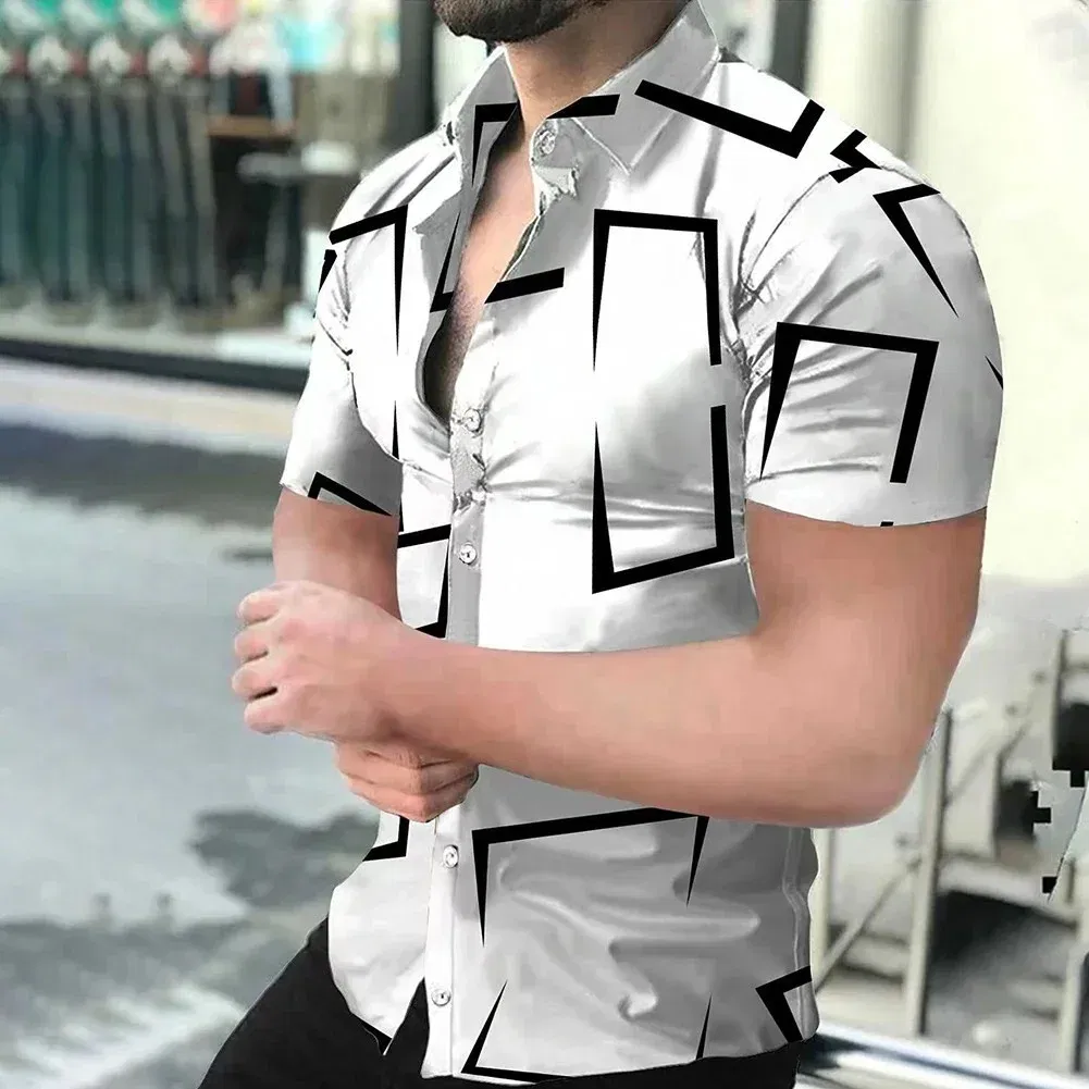 Color: SKY BLUE, Size: XXXL - 3D Men's Striped Printed Short Sleeve Shirt, Fashionable And Casual Loose Shirt, 2023 New Style.