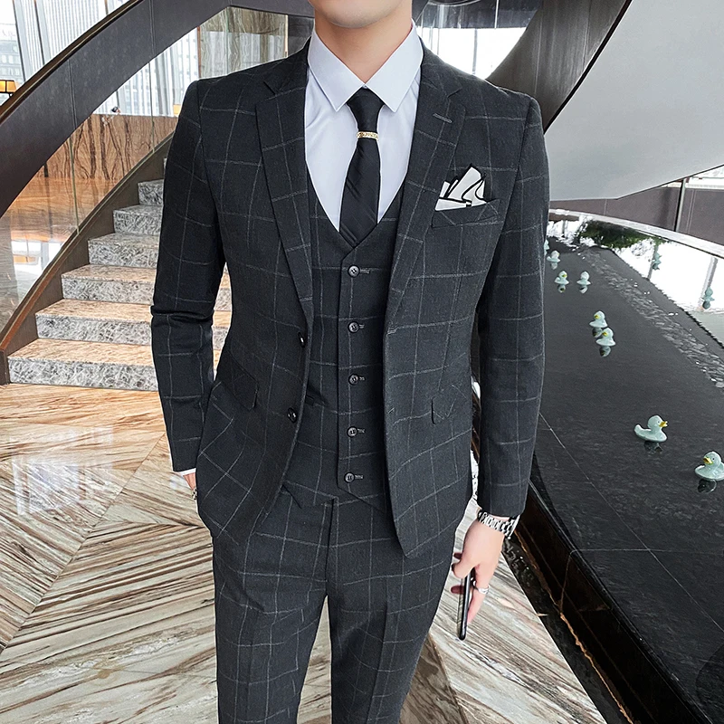 Color: Dark Grey, Size: M - Gray Men Classic Striped/Checked Suits, Business Office 3 Piece, Asian Size Slim Fit Men Dress Jacket & Pants with Vest, S-4XL