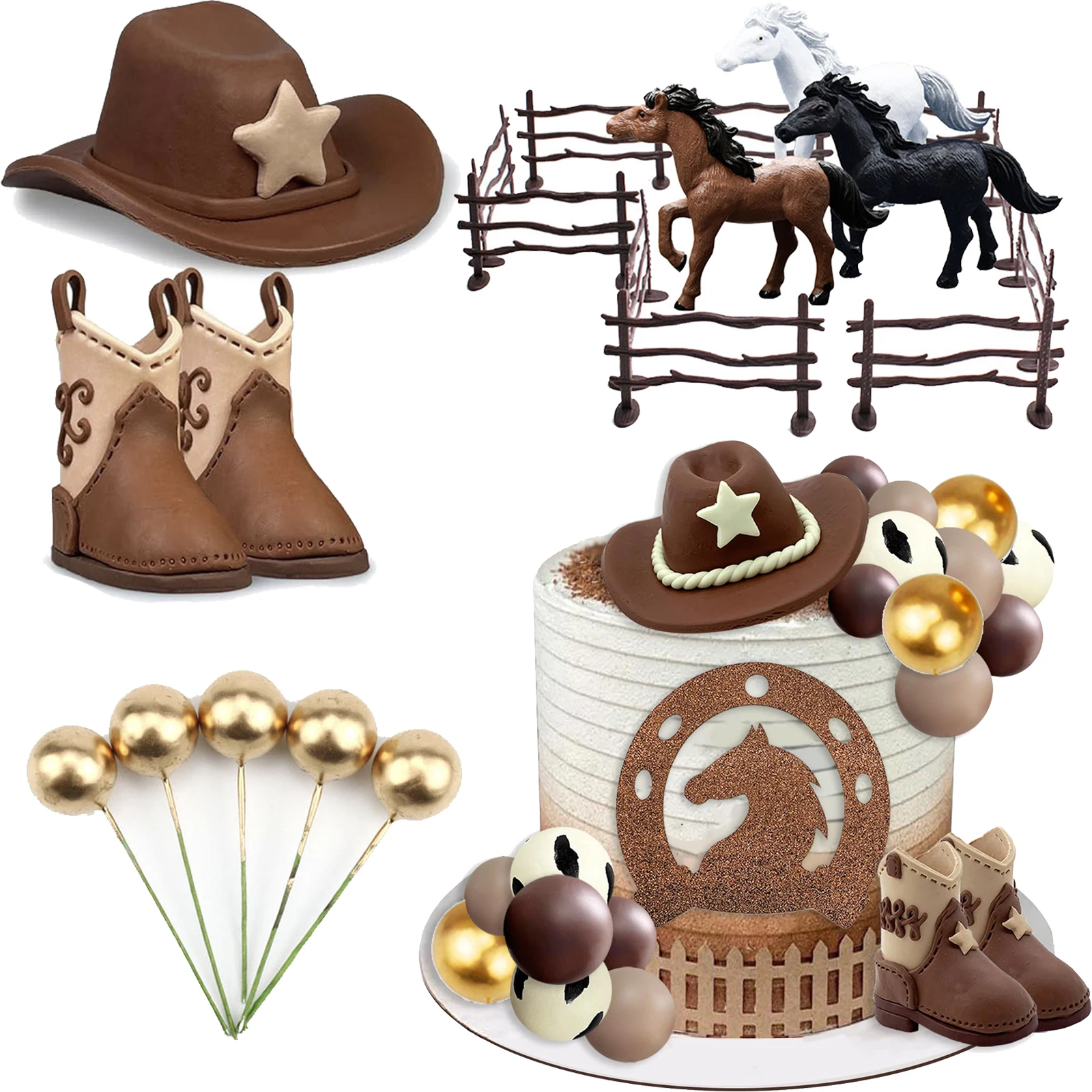 Color: Fluorescence Yellow - Cowboy Cake Topper Western Cowboy Hat and Boot Cupcake Toppers with Balls Western Theme Birthday Party Baby Shower Supplies