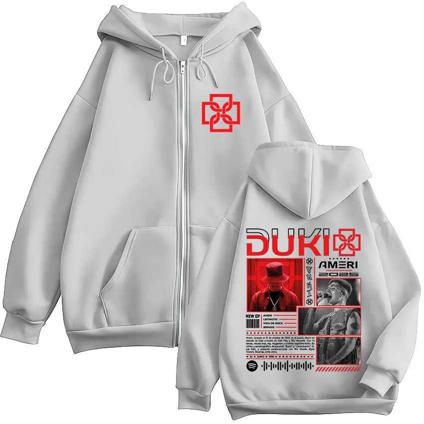 Color: GRAY, Size: L - Rapper Duki Ameri World Tour 2025 Zipper Hoodies Men Women Clothing Fashion Hip Hop Zip Up Hooded Oversized Sweatshirts Jackets