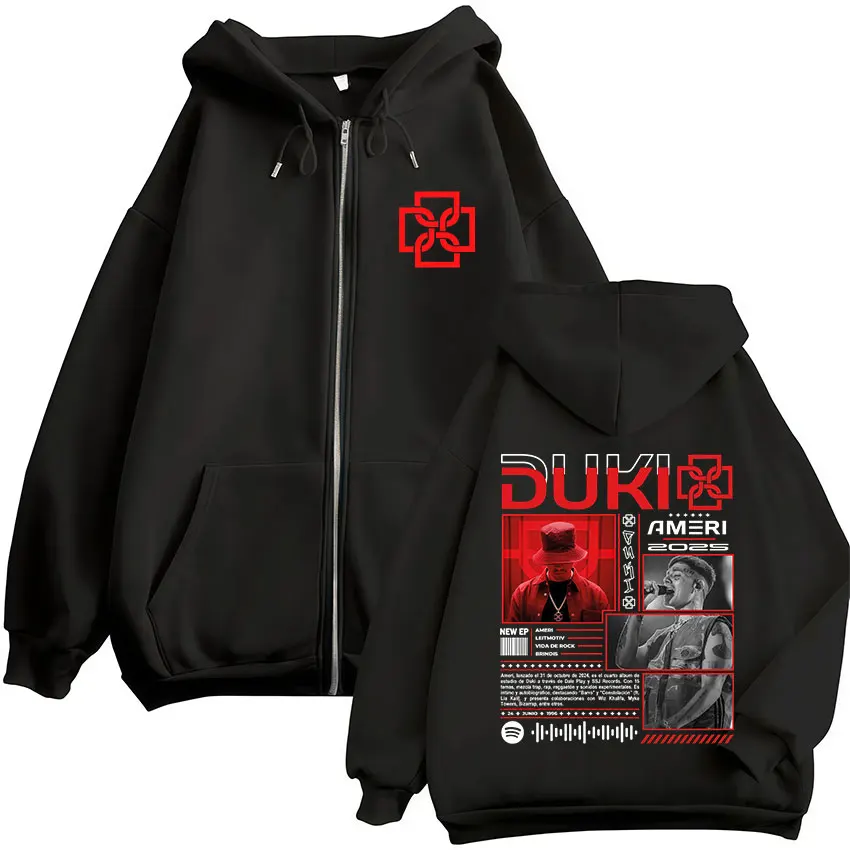 Color: GRAY, Size: L - Rapper Duki Ameri World Tour 2025 Zipper Hoodies Men Women Clothing Fashion Hip Hop Zip Up Hooded Oversized Sweatshirts Jackets
