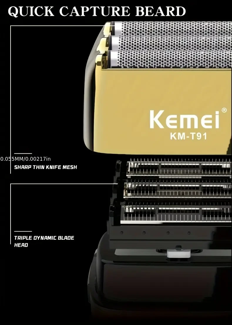 Kemei KM-T91 Reciprocating Electric Shaver with LCD Display, 3D Floating Blade, Stainless Steel Heads - USB Rechargeable, Waterless Cleaning