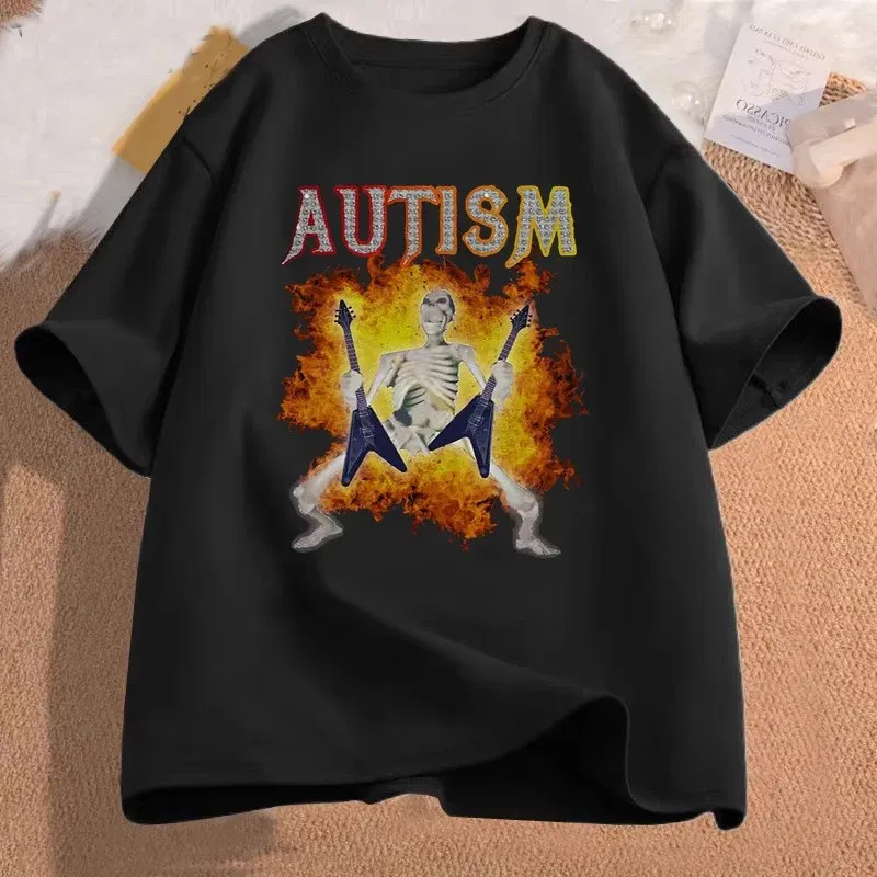 Color: Gold, Size: S - Autistic Funny Skeleton T Shirt Women Men Autism Edgy Skeleton Meme T-shirt Casual Short Sleeve Tshirt Round Neck Clothes